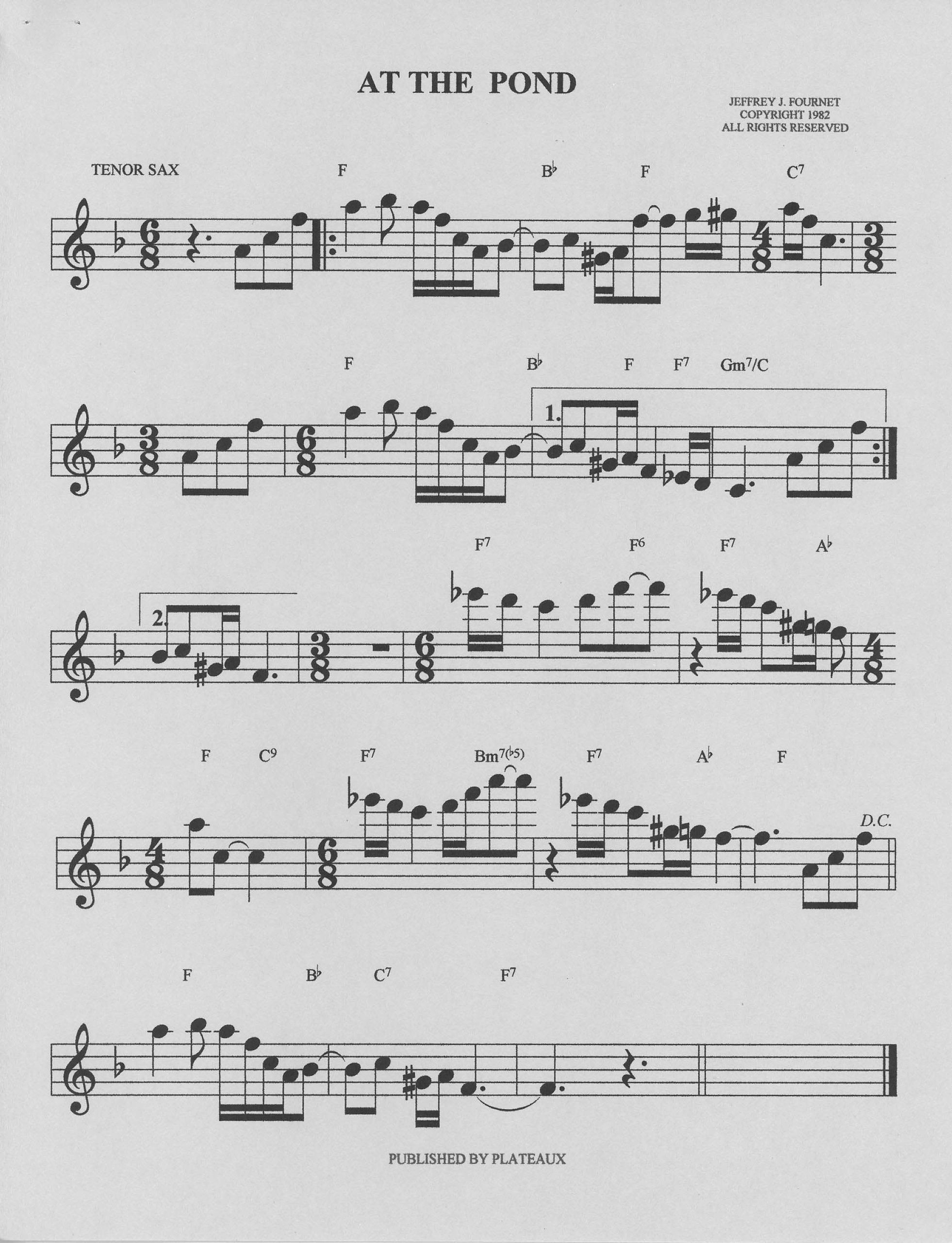 At the Pond — tenor saxophone sheet music by Jeffrey J. Fournet, copyright 1982, published by Plateaux